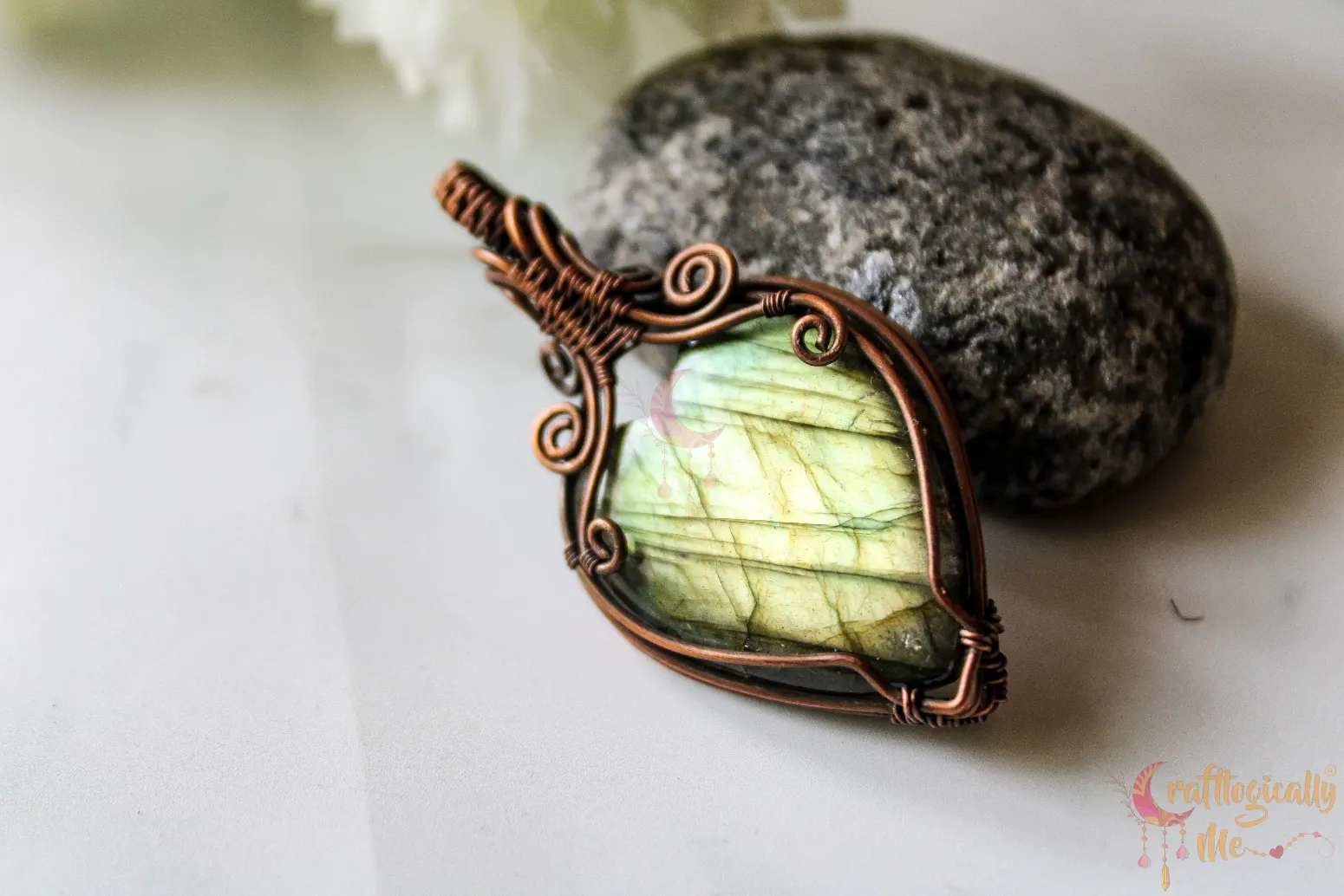 Green Labradorite oxidized copper heart wrap