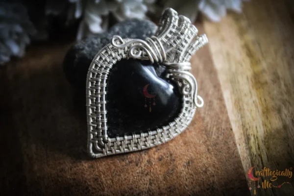 Silver Obsidian Silver heart wrap pendant